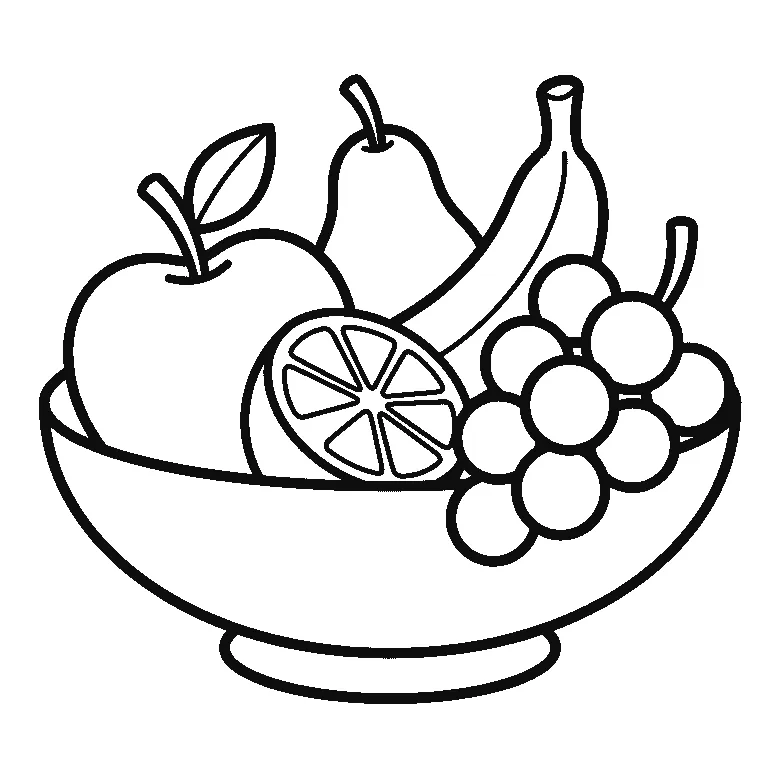 Ausmalbild einer flachen Obstschale mit Apfel, Birne, Banane, einer halbierten Orange und einer Weintraube, schwarze Umrisslinien auf Weiß