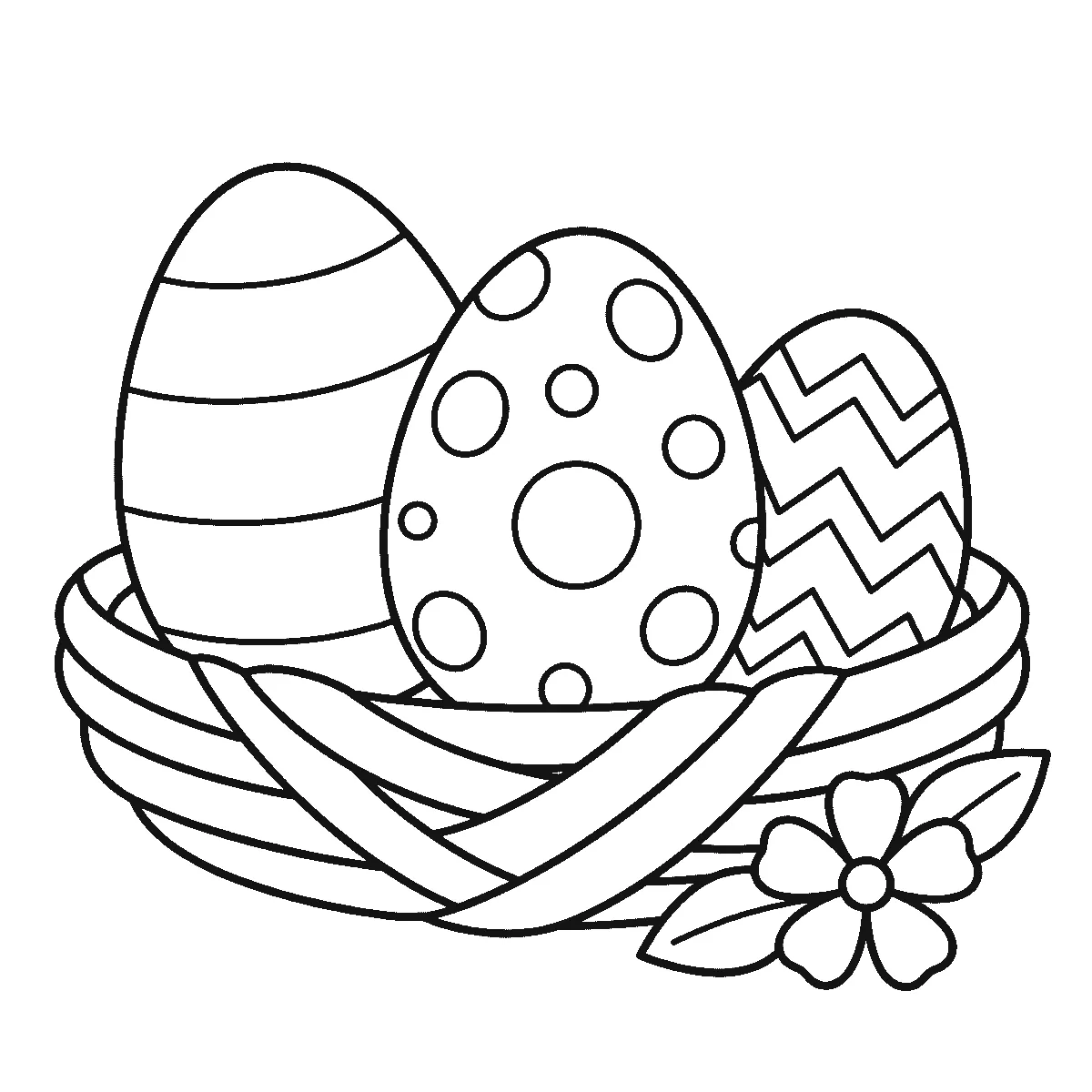 Ausmalbild dreier verzierter Ostereier in einem geflochtenen Nest — gestreift, gepunktet und mit Zickzackband — daneben eine Blüte mit fünf Blättern, schwarze Umrisslinien auf Weiß