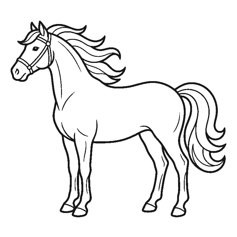 Ausmalbild eines stehenden Pferdes im Profil mit wehender Mähne, schwarze Umrisslinien auf Weiß