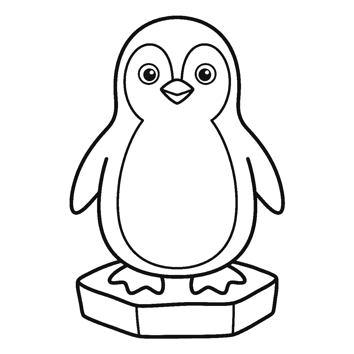 Ausmalbild eines aufrecht auf einer Eisscholle stehenden Pinguins mit großem Bauchfeld und zwei schmalen Flügeln, schwarze Umrisslinien auf Weiß