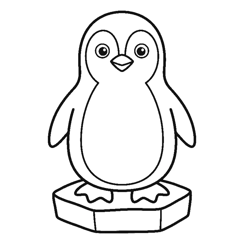 Ausmalbild eines aufrecht auf einer Eisscholle stehenden Pinguins mit großem Bauchfeld und zwei schmalen Flügeln, schwarze Umrisslinien auf Weiß