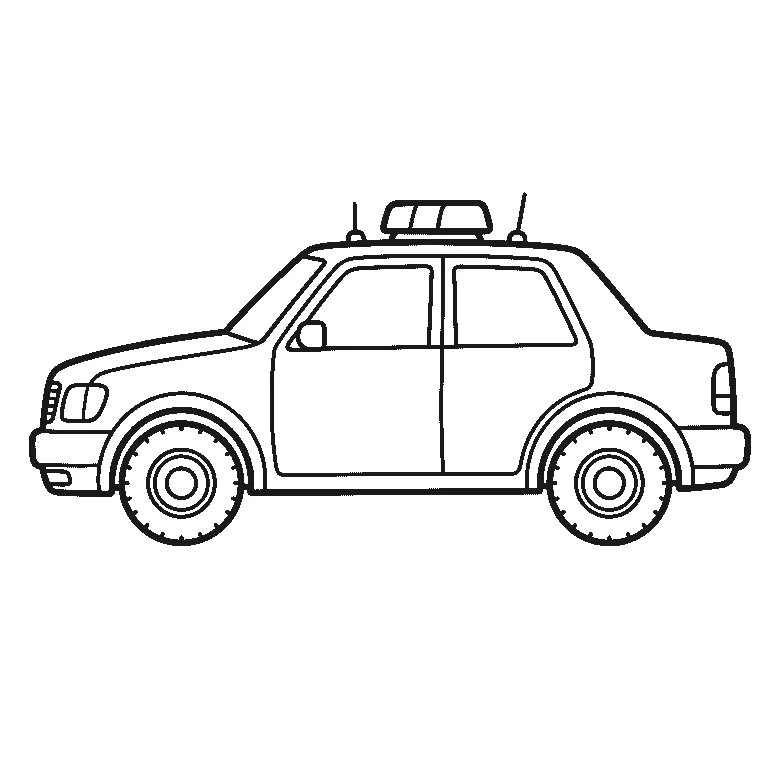 Ausmalbild eines Polizeiautos von der Seite mit Leuchtenbalken auf dem Dach, zwei Antennen und leeren Türflächen, schwarze Umrisslinien auf Weiß