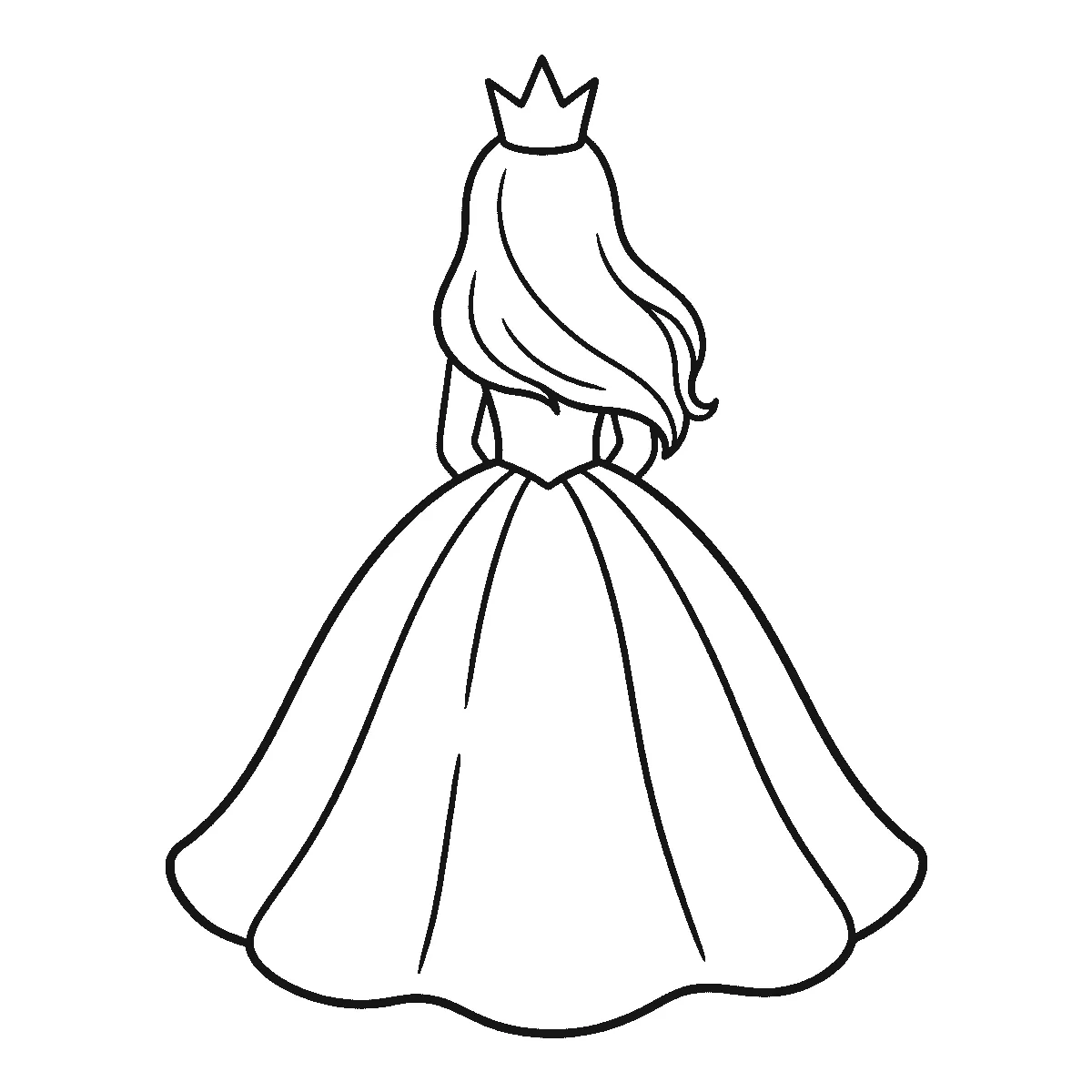Ausmalbild einer Prinzessin von hinten, mit langem gewelltem Haar, kleiner Zackenkrone und weitem, bodenlangem Kleid, schwarze Umrisslinien auf Weiß