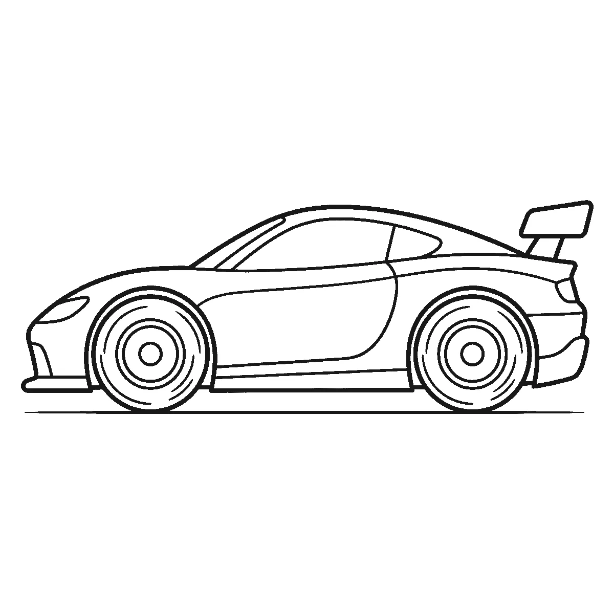 Ausmalbild eines flachen Rennautos in Seitenansicht mit Heckflügel und breiten Rädern, ohne Aufschrift, schwarze Umrisslinien auf Weiß