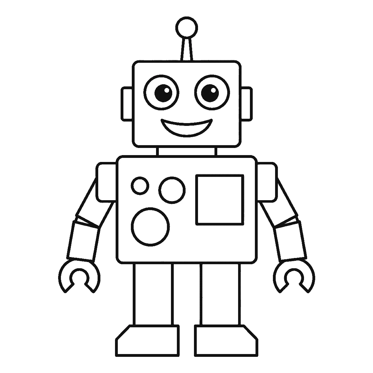 Ausmalbild eines stehenden Roboters aus einfachen Blöcken mit zwei runden Augen, Antenne, drei Knöpfen, Greifzangen und breiten Füßen, schwarze Umrisslinien auf Weiß