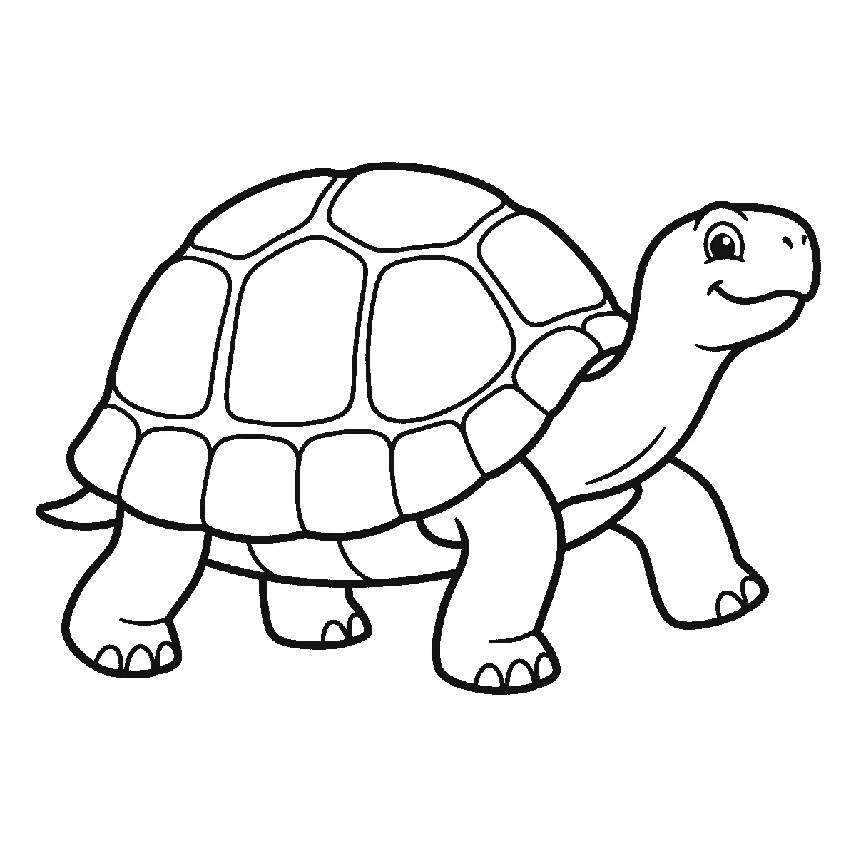 Ausmalbild einer laufenden Landschildkröte im Profil mit erhobenem Kopf und einem in große Felder geteilten Panzer, schwarze Umrisslinien auf Weiß