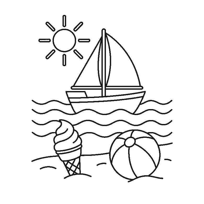 Ausmalbild mit Sonne, Segelboot auf Wellenlinien, Eistüte und Wasserball am Strand, schwarze Umrisslinien auf Weiß