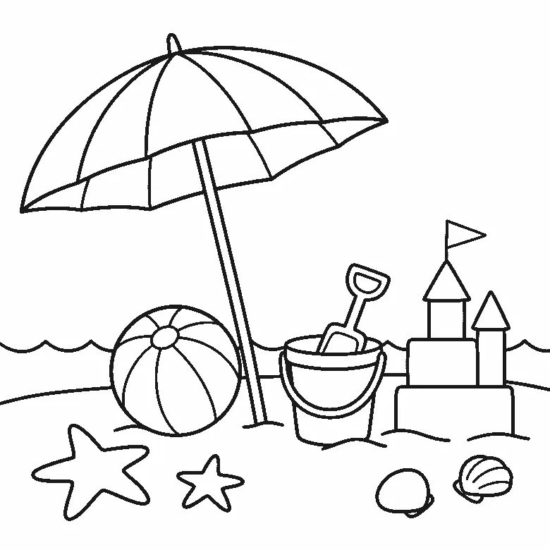Ausmalbild einer Strandszene mit Sonnenschirm, Wasserball, Eimer mit Schaufel, Sandburg mit Fahne, zwei Seesternen und zwei Muscheln, schwarze Umrisslinien auf Weiß