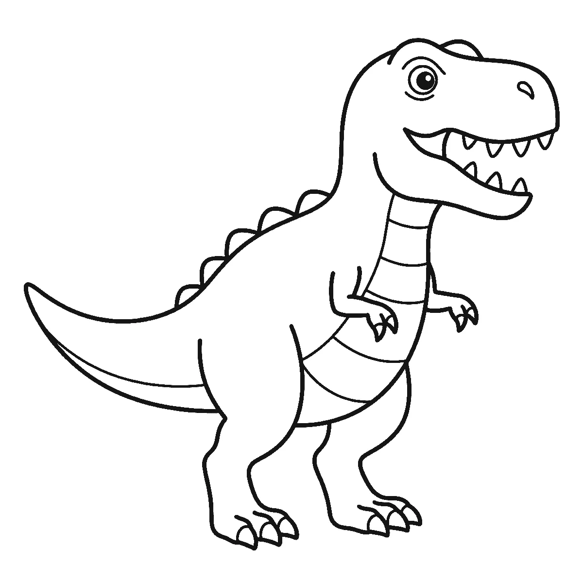 Ausmalbild eines aufrecht stehenden Tyrannosaurus rex im Profil mit geöffnetem Maul, kurzen Vorderarmen, langem Schwanz und gebändertem Bauchfeld, schwarze Umrisslinien auf Weiß