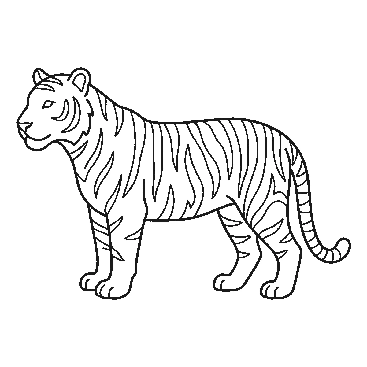 Ausmalbild eines stehenden Tigers im Profil mit durchgehendem Streifenmuster, schwarze Umrisslinien auf Weiß