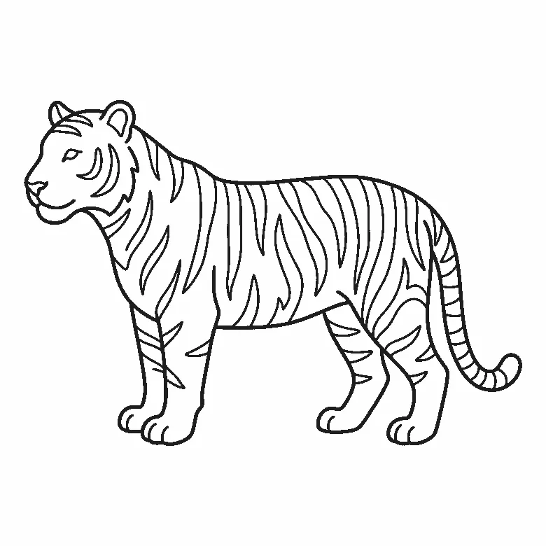 Ausmalbild eines stehenden Tigers im Profil mit durchgehendem Streifenmuster, schwarze Umrisslinien auf Weiß