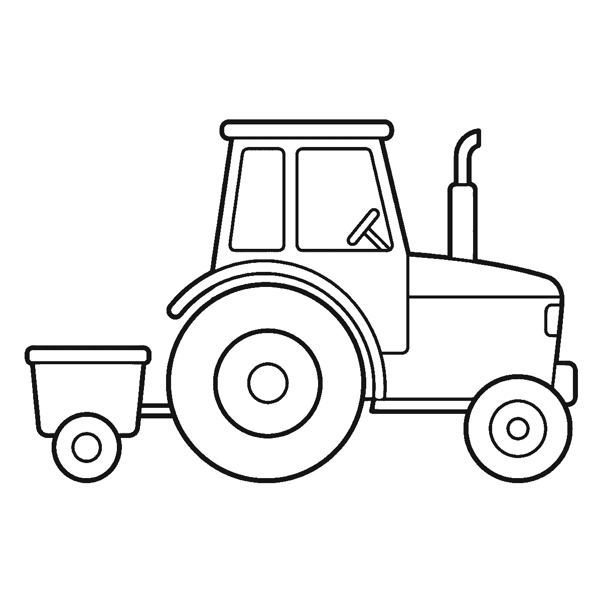 Ausmalbild eines Traktors in Seitenansicht mit großem Hinterrad, Kabine und Auspuff samt kleinem Anhänger, schwarze Umrisslinien auf Weiß