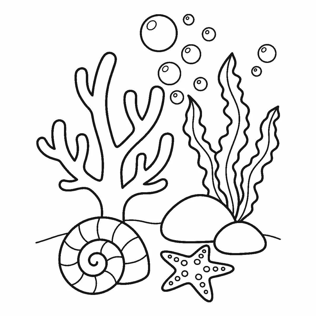 Ausmalbild einer Unterwasserszene mit Korallen, drei Seetangbändern, einem Schneckenhaus, einem gepunkteten Seestern, zwei Steinen und neun Blasen, schwarze Umrisslinien auf Weiß