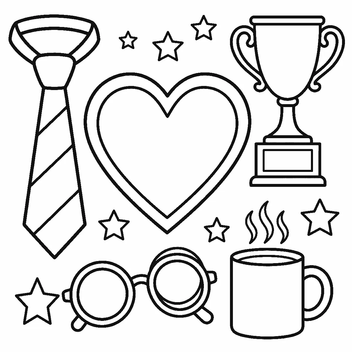 Ausmalbild mit einem großen doppelt umrandeten Herz, einer gestreiften Krawatte, einem Pokal, einer runden Brille, einer dampfenden Tasse und sieben Sternen, schwarze Umrisslinien auf Weiß