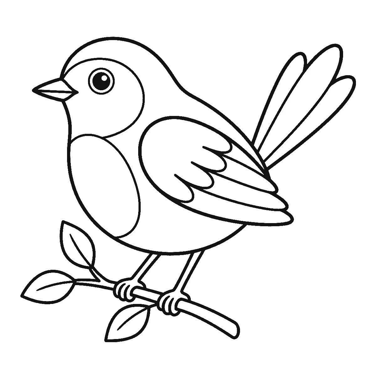 Ausmalbild eines kleinen Singvogels im Profil auf einem Zweig, mit rundem Auge, kurzem Schnabel, gefiedertem Flügel und gefächertem Schwanz, schwarze Umrisslinien auf Weiß