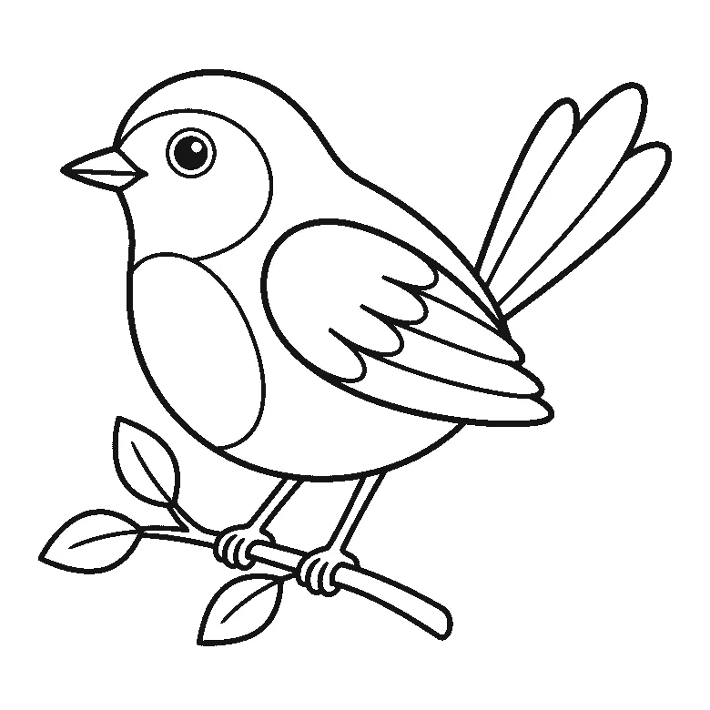 Ausmalbild eines kleinen Singvogels im Profil auf einem Zweig, mit rundem Auge, kurzem Schnabel, gefiedertem Flügel und gefächertem Schwanz, schwarze Umrisslinien auf Weiß