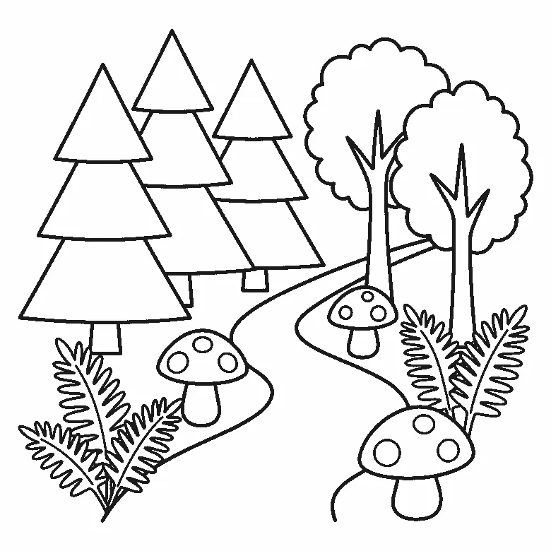 Ausmalbild einer Waldszene mit drei Tannen, zwei Laubbäumen, einem geschwungenen Weg, drei gepunkteten Pilzen und zwei Farnen, schwarze Umrisslinien auf Weiß
