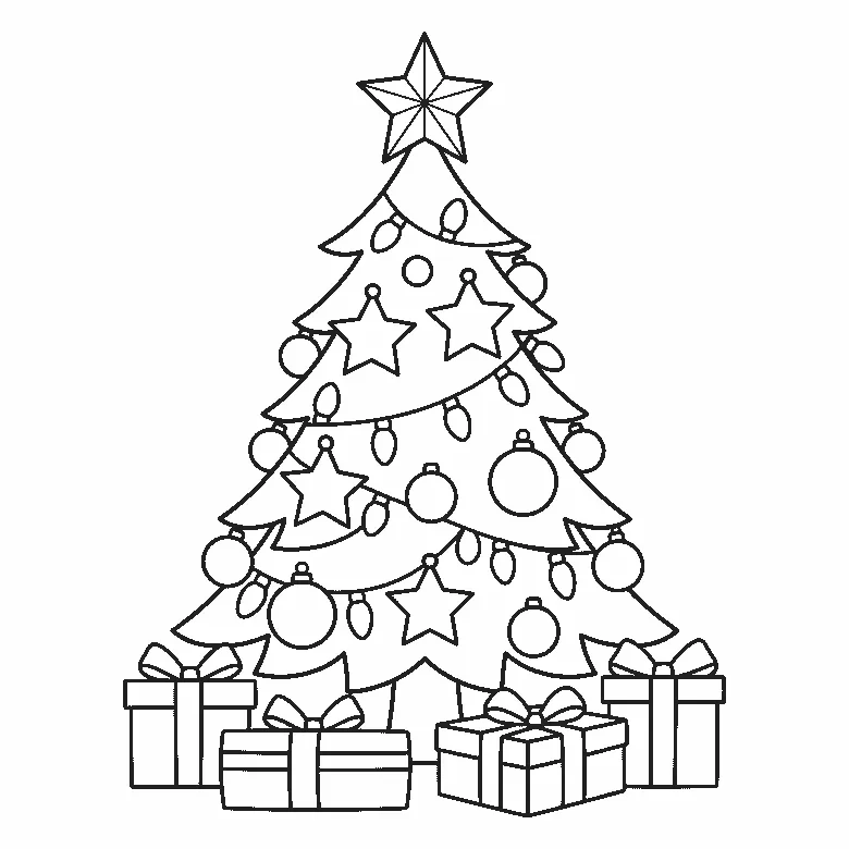 Ausmalbild eines geschmückten Weihnachtsbaums mit Stern und Geschenken, schwarze Umrisslinien auf Weiß