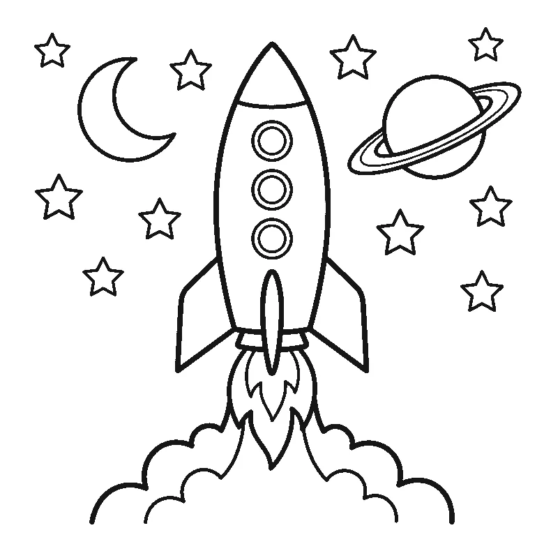 Ausmalbild einer startenden Rakete mit Flamme und Wolke, daneben ein Halbmond, ein Ringplanet und zehn Sterne, schwarze Umrisslinien auf Weiß