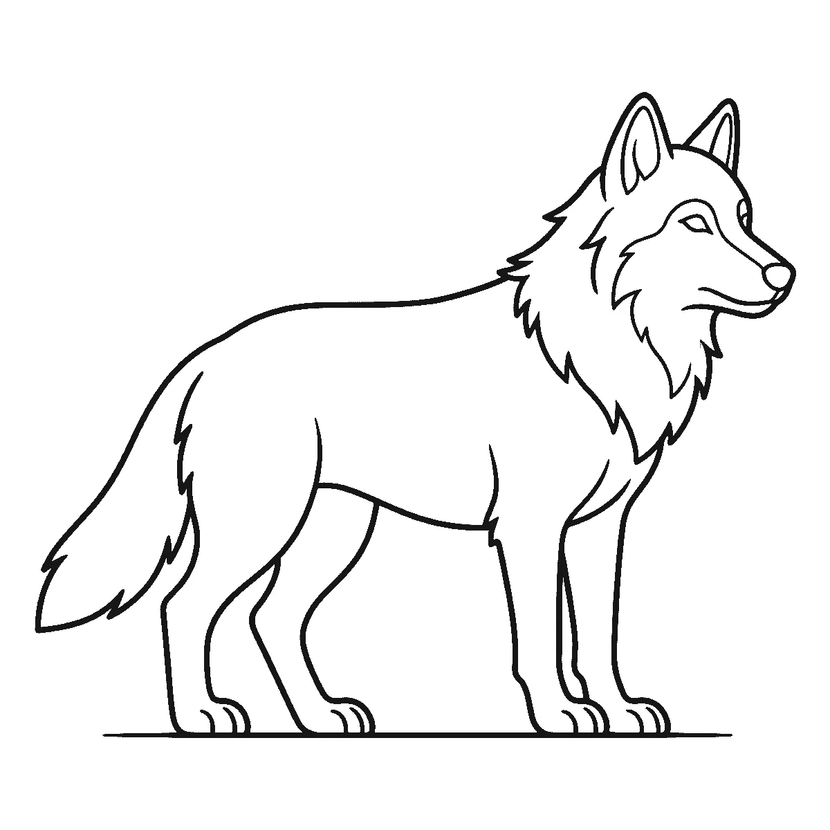 Ausmalbild eines stehenden Wolfs im Profil mit dichter Halskrause und langer buschiger Rute auf einer feinen Bodenlinie, schwarze Umrisslinien auf Weiß