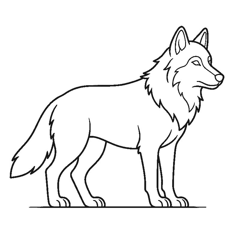 Ausmalbild eines stehenden Wolfs im Profil mit dichter Halskrause und langer buschiger Rute auf einer feinen Bodenlinie, schwarze Umrisslinien auf Weiß