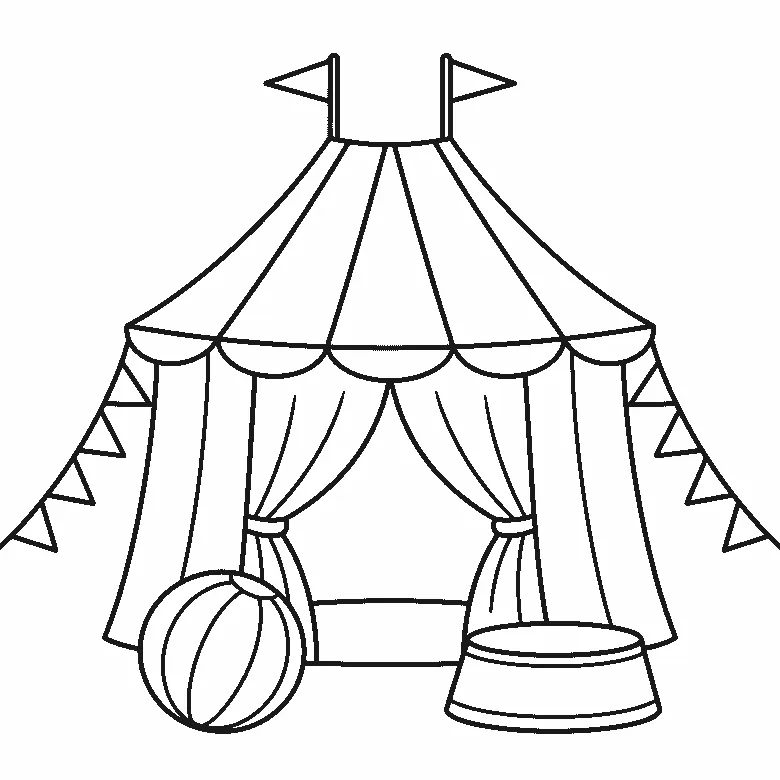 Ausmalbild eines Zirkuszelts mit gestreiftem Dach, zwei Wimpeln an der Spitze, aufgebundenem Eingang, gestreiftem Ball, rundem Podest und Wimpelketten, schwarze Umrisslinien auf Weiß