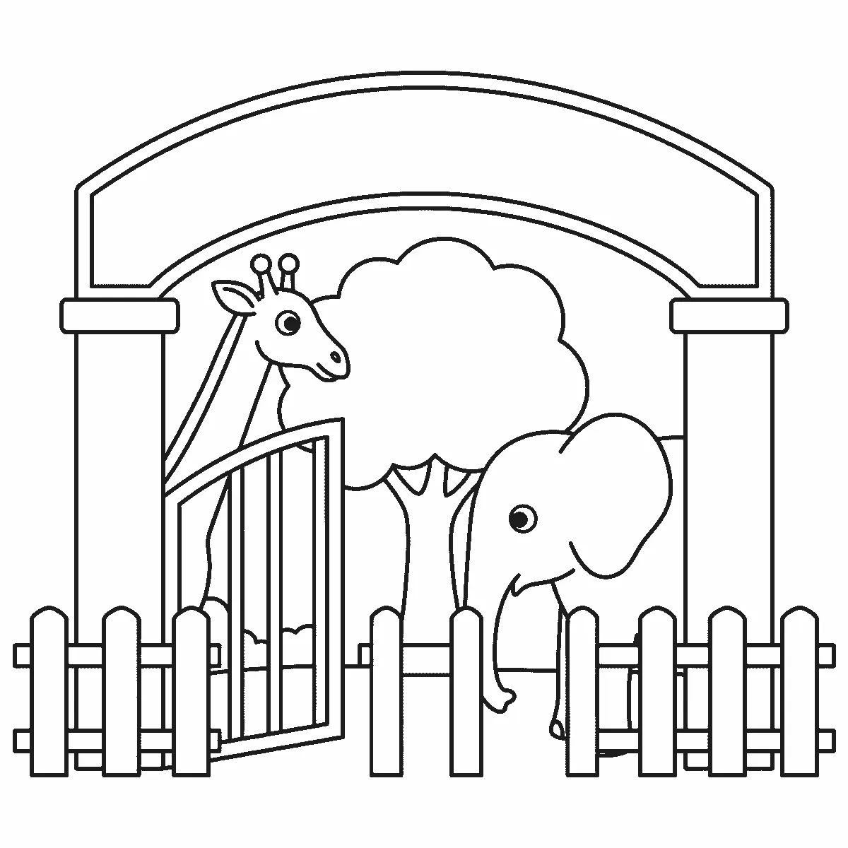 Ausmalbild eines Zooeingangs mit Rundbogen, offenem Gittertor, Lattenzaun, einem Baum sowie Giraffe und Elefant dahinter, schwarze Umrisslinien auf Weiß