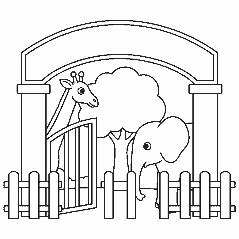 Ausmalbild eines Zooeingangs mit Rundbogen, offenem Gittertor, Lattenzaun, einem Baum sowie Giraffe und Elefant dahinter, schwarze Umrisslinien auf Weiß