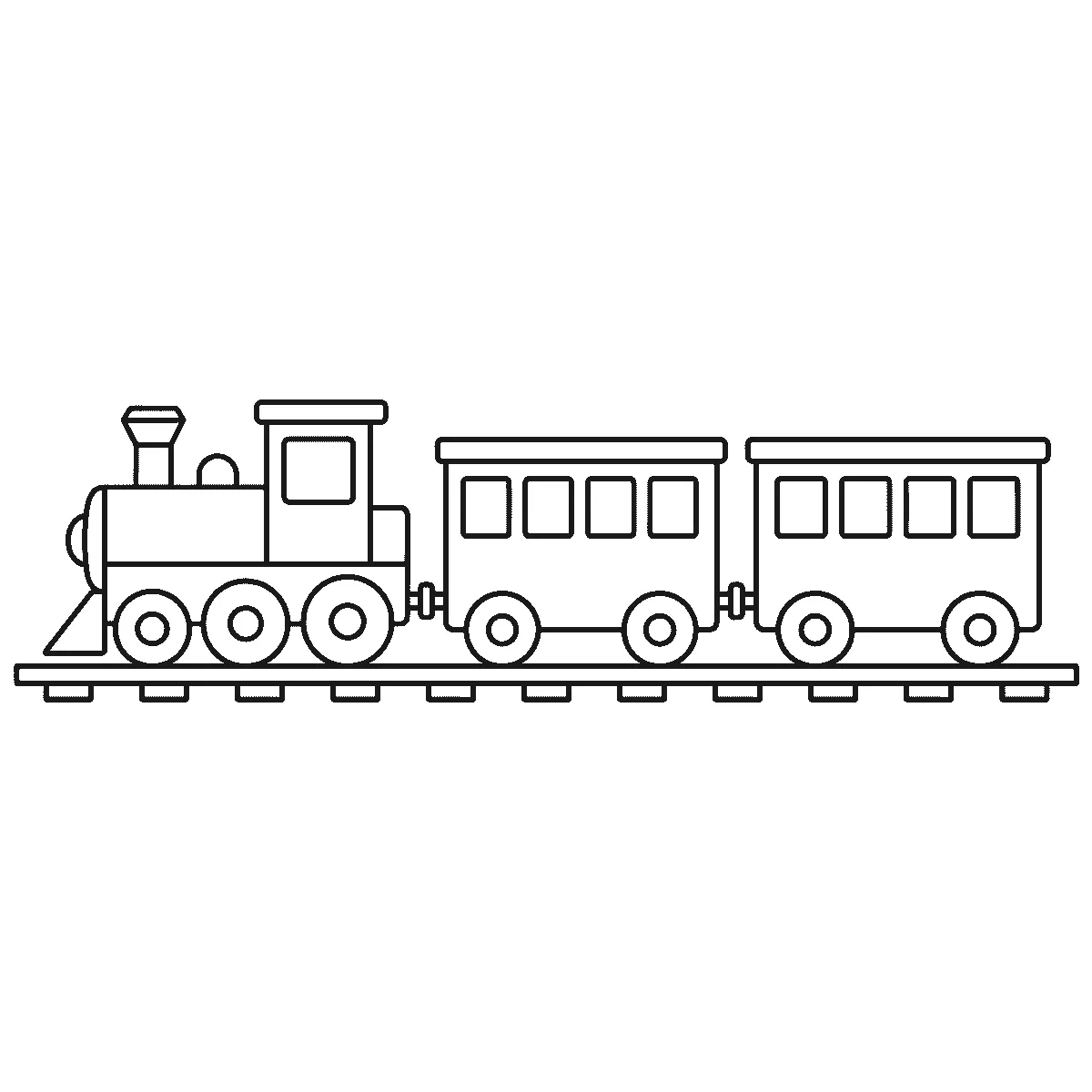 Ausmalbild einer Dampflok mit zwei Waggons auf einem Gleis mit Schwellen, quer über das Blatt, schwarze Umrisslinien auf Weiß