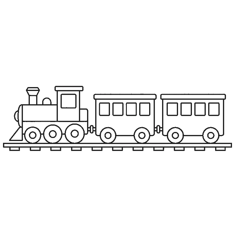 Ausmalbild einer Dampflok mit zwei Waggons auf einem Gleis mit Schwellen, quer über das Blatt, schwarze Umrisslinien auf Weiß