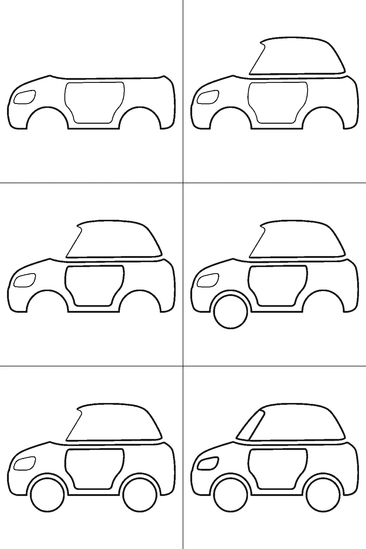 Schritt-für-Schritt-Blatt mit sechs nummerierten Feldern: ein kleines Auto von der Seite, mit Dach und Windschutzscheibe, einer Seitenscheibe, einem Scheinwerfer und zwei runden Rädern. Jedes Feld übernimmt die Linien des vorherigen und fügt neue hinzu, schwarze Linien auf weißem Grund.