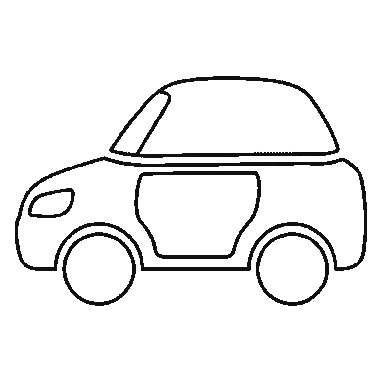 Schritt-für-Schritt-Blatt mit sechs nummerierten Feldern: ein kleines Auto von der Seite, mit Dach und Windschutzscheibe, einer Seitenscheibe, einem Scheinwerfer und zwei runden Rädern. Jedes Feld übernimmt die Linien des vorherigen und fügt neue hinzu, schwarze Linien auf weißem Grund.
