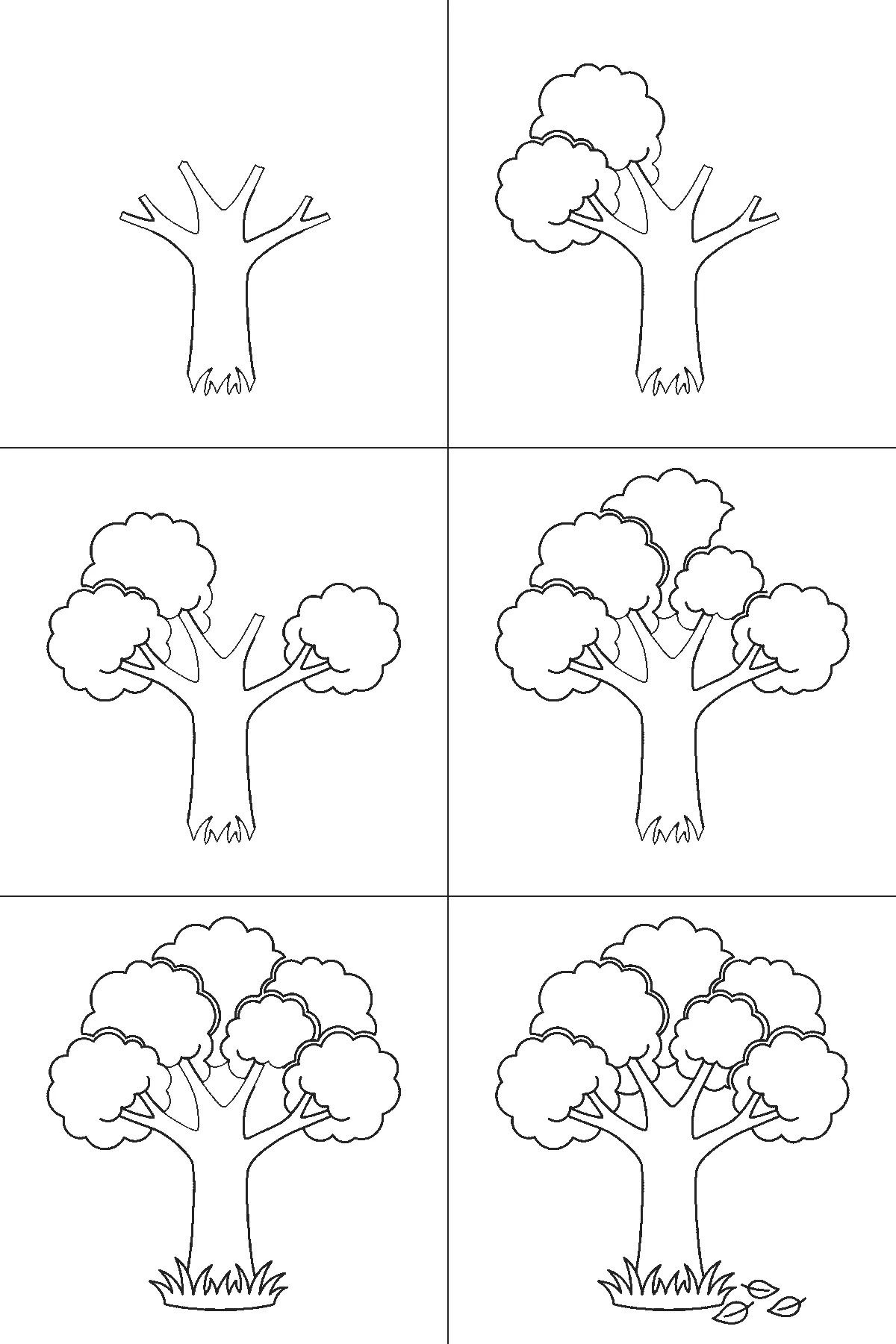 Schritt-für-Schritt-Blatt mit sechs nummerierten Feldern: ein breiter Laubbaum mit dickem Stamm, Astgabeln, runden Laubballen, einem Grasbüschel am Fuß und einzelnen Blättern daneben. Jedes Feld übernimmt die Linien des vorherigen und fügt neue hinzu, schwarze Linien auf weißem Grund.