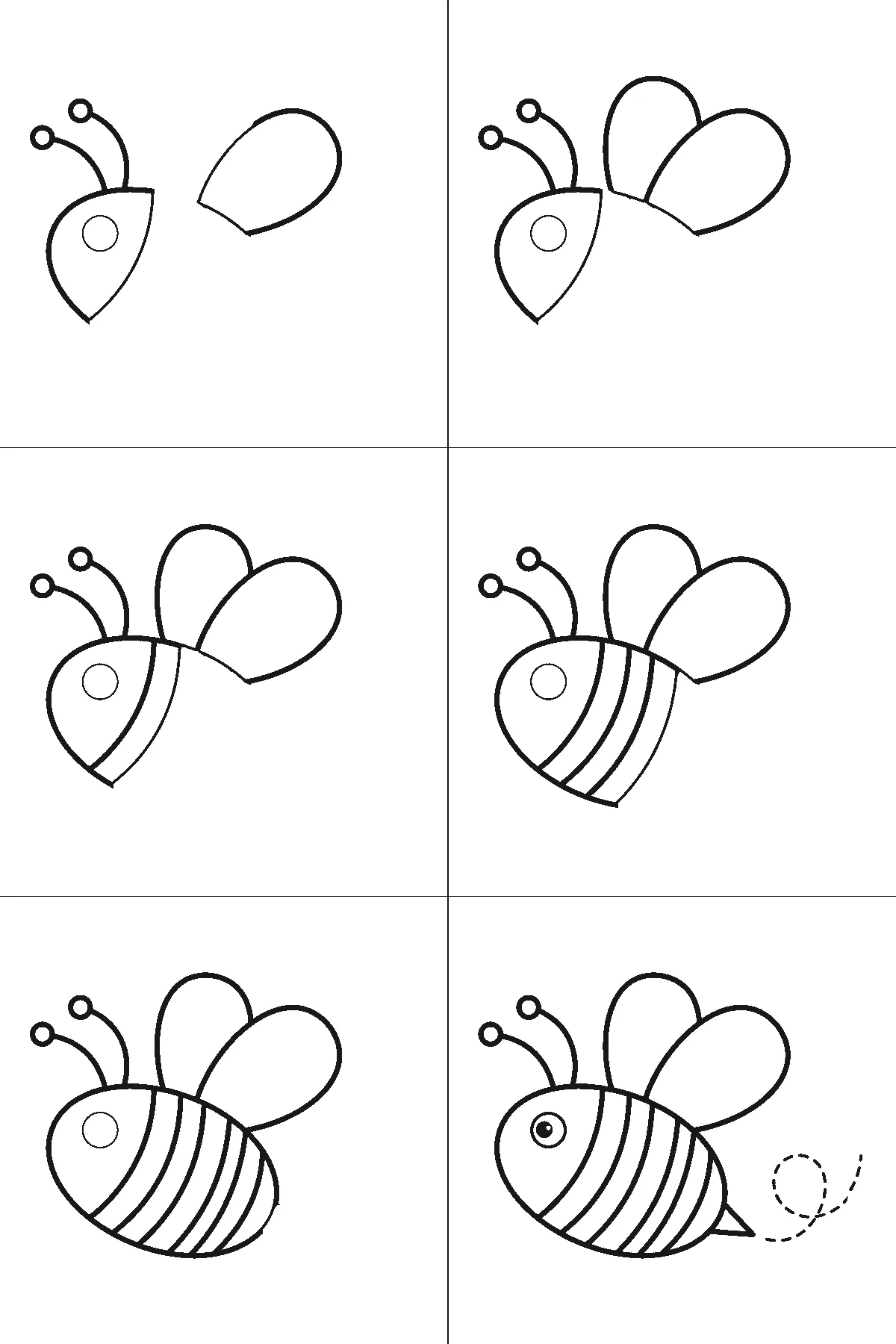 Schritt-für-Schritt-Blatt mit sechs nummerierten Feldern: eine Biene von der Seite im Flug, mit zwei Fühlern mit Kugelspitzen, gestreiftem Körper, zwei Flügeln, spitzem Stachel und einer gestrichelten Flugschleife daneben. Jedes Feld übernimmt die Linien des vorherigen und fügt neue hinzu, schwarze Linien auf weißem Grund.