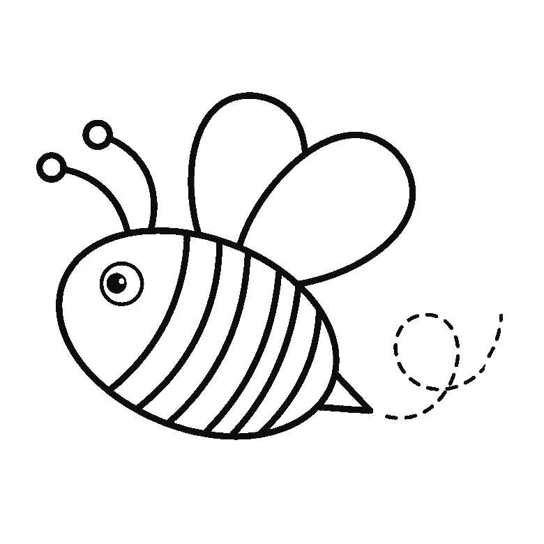 Schritt-für-Schritt-Blatt mit sechs nummerierten Feldern: eine Biene von der Seite im Flug, mit zwei Fühlern mit Kugelspitzen, gestreiftem Körper, zwei Flügeln, spitzem Stachel und einer gestrichelten Flugschleife daneben. Jedes Feld übernimmt die Linien des vorherigen und fügt neue hinzu, schwarze Linien auf weißem Grund.