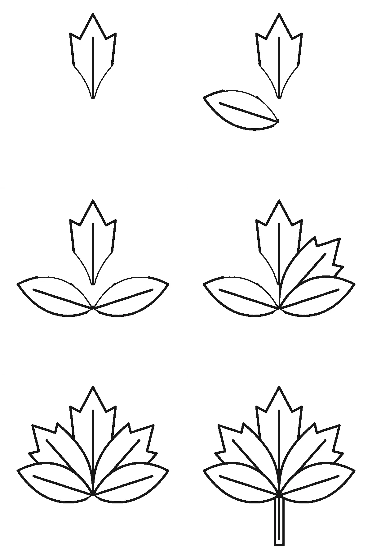 Schritt-für-Schritt-Blatt mit sechs nummerierten Feldern: ein Ahornblatt aus fünf einzeln umrissenen Lappen, jeder mit eigener Mittelrippe, auf einem geraden Stiel. Jedes Feld übernimmt die Linien des vorherigen und fügt neue hinzu, schwarze Linien auf weißem Grund.