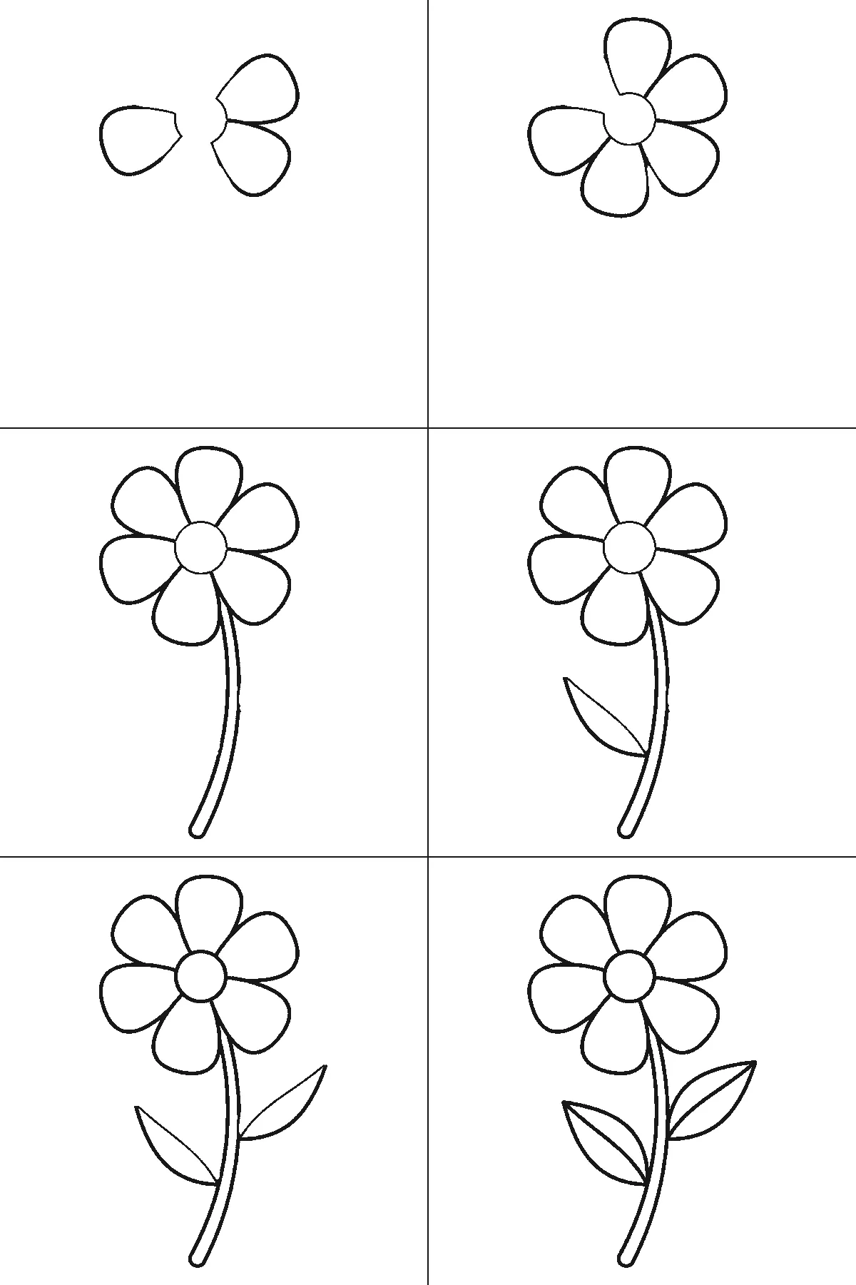 Schritt-für-Schritt-Blatt mit sechs nummerierten Feldern: eine einzelne Blüte von vorn auf einem geschwungenen Stängel, mit runder Blütenmitte, gleich großen runden Blütenblättern und zwei Blättern am Stängel. Jedes Feld übernimmt die Linien des vorherigen und fügt neue hinzu, schwarze Linien auf weißem Grund.