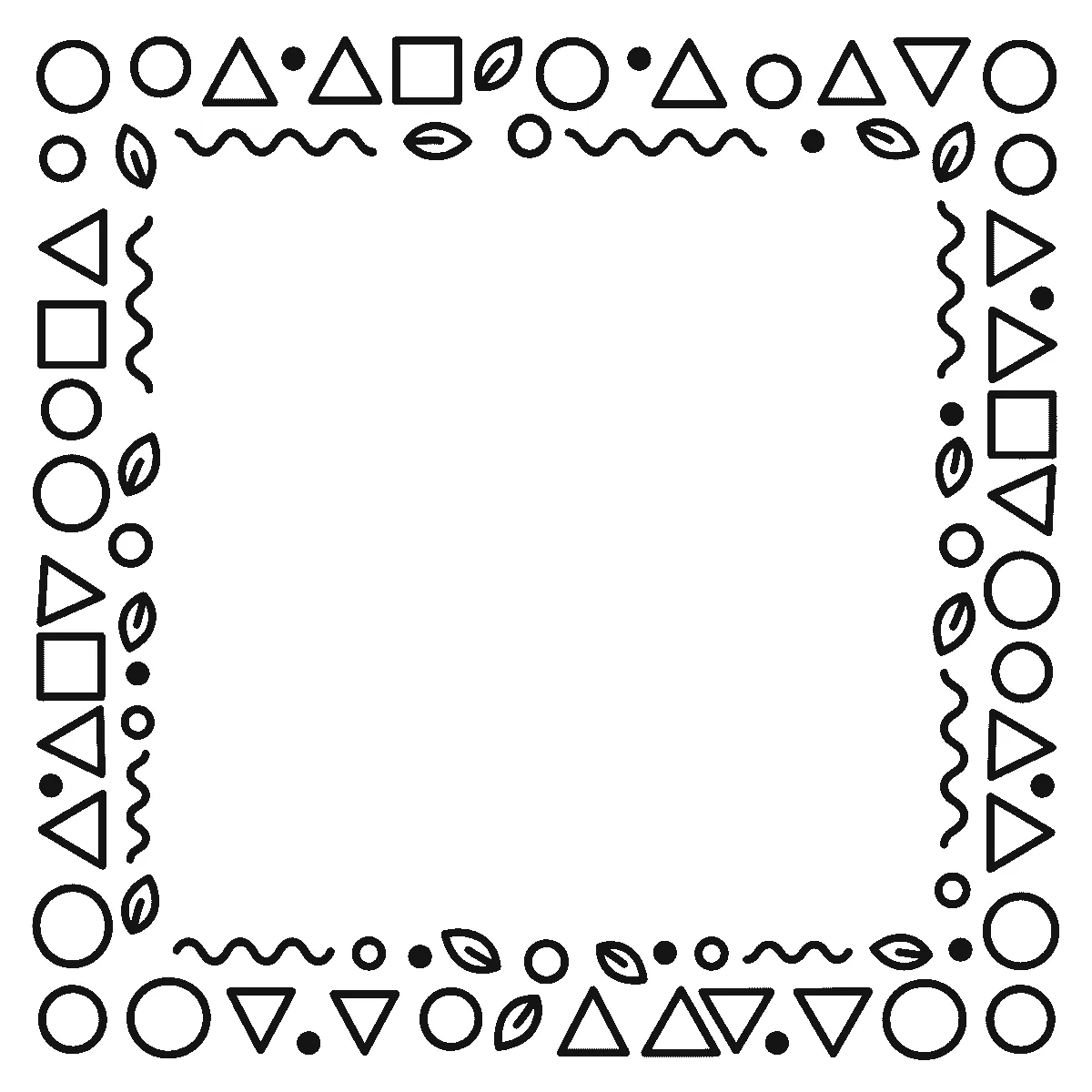 Deckblatt-Rahmen aus Kreisen, Dreiecken, Quadraten, Punkten, Blattformen und Wellenlinien, schwarze Umrisslinien auf Weiß