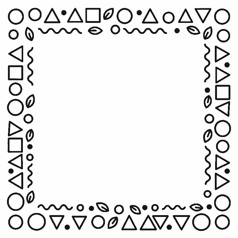 Deckblatt-Rahmen aus Kreisen, Dreiecken, Quadraten, Punkten, Blattformen und Wellenlinien, schwarze Umrisslinien auf Weiß
