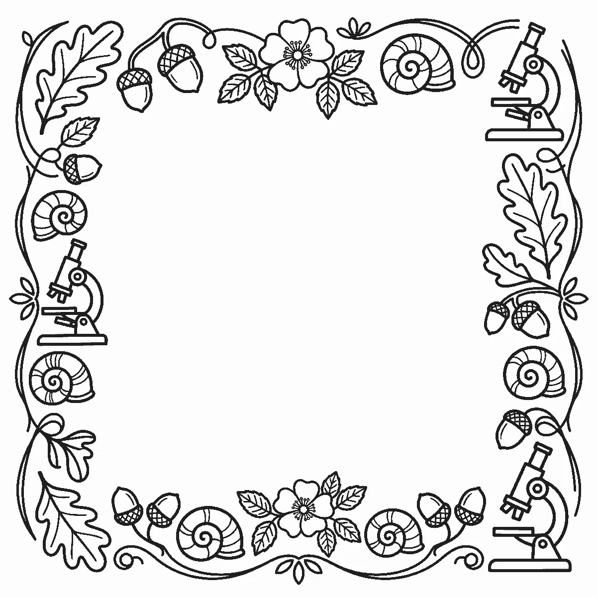 Deckblatt-Rahmen aus Blättern, Blüte, Mikroskop, Schnecke und Eichel, schwarze Umrisslinien auf Weiß