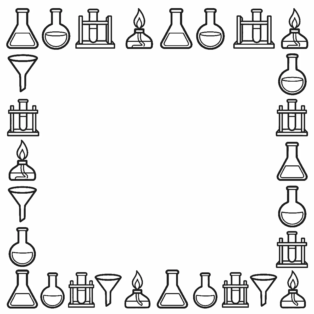 Deckblatt-Rahmen aus Erlenmeyerkolben, Rundkolben, Reagenzgläsern im Ständer, Trichtern und Spiritusbrennern, schwarze Umrisslinien auf Weiß