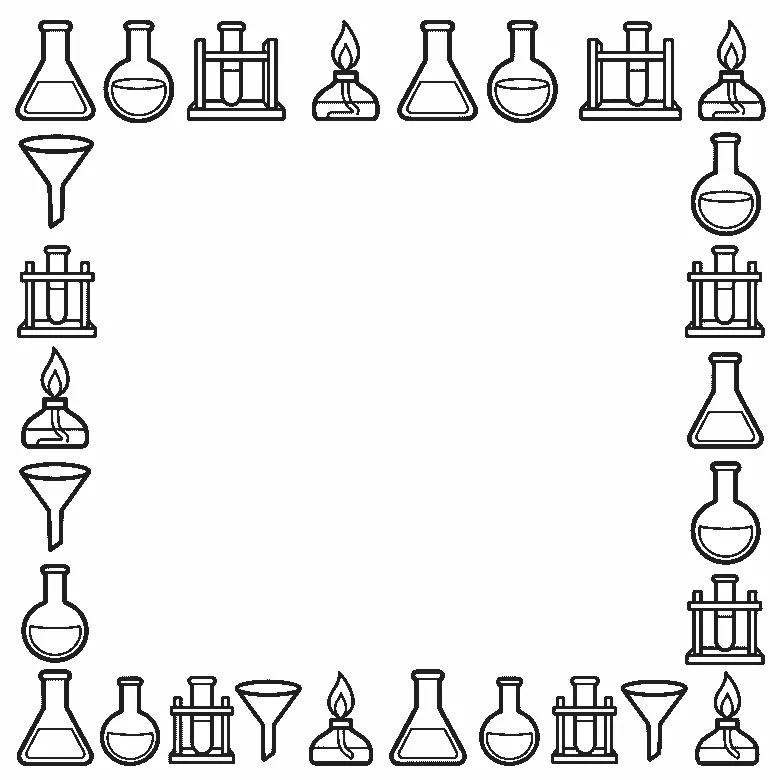 Deckblatt-Rahmen aus Erlenmeyerkolben, Rundkolben, Reagenzgläsern im Ständer, Trichtern und Spiritusbrennern, schwarze Umrisslinien auf Weiß