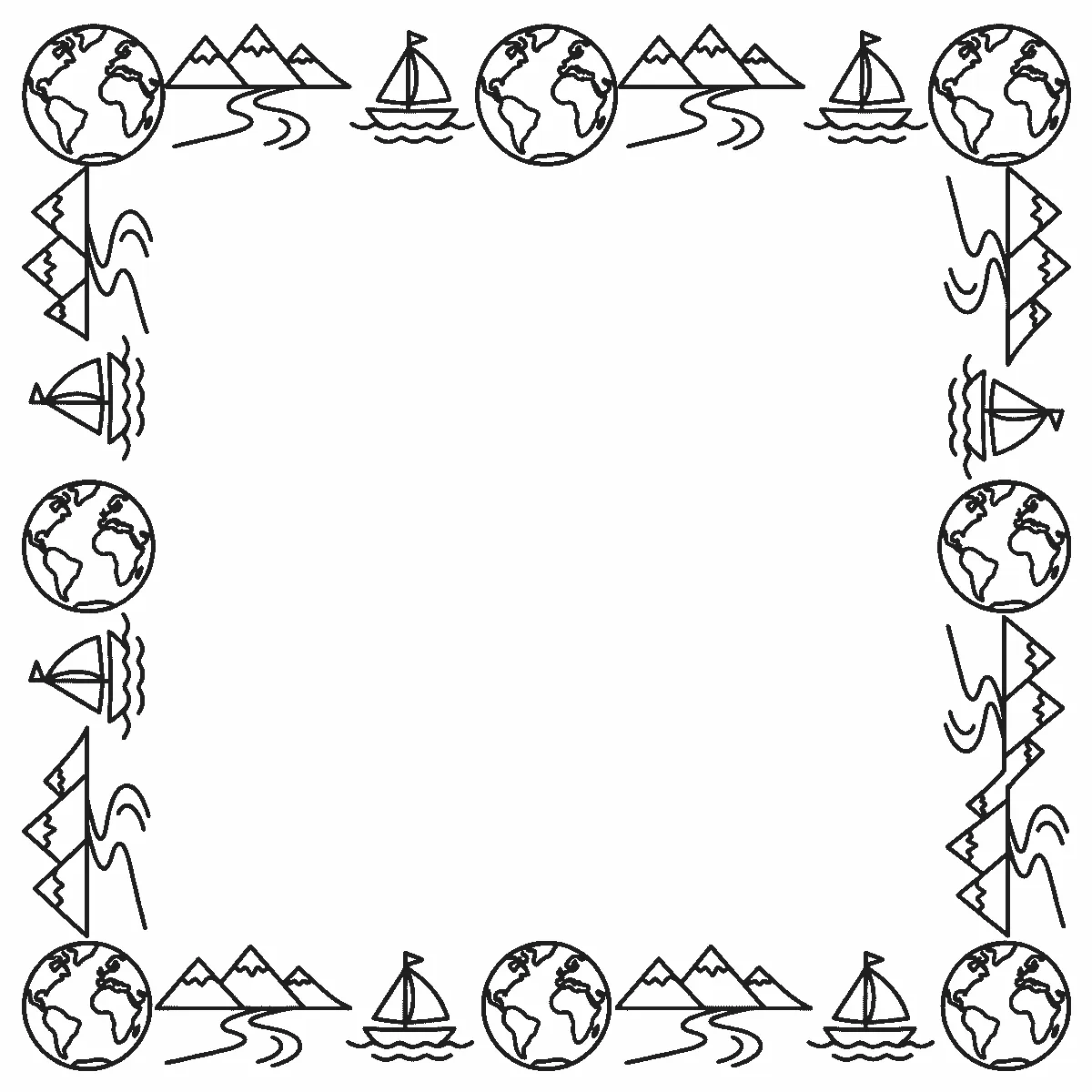 Deckblatt-Rahmen aus Globus, Kompassrose, Bergen, Fluss und Segelboot, schwarze Umrisslinien auf Weiß