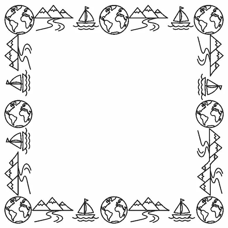 Deckblatt-Rahmen aus Globus, Kompassrose, Bergen, Fluss und Segelboot, schwarze Umrisslinien auf Weiß