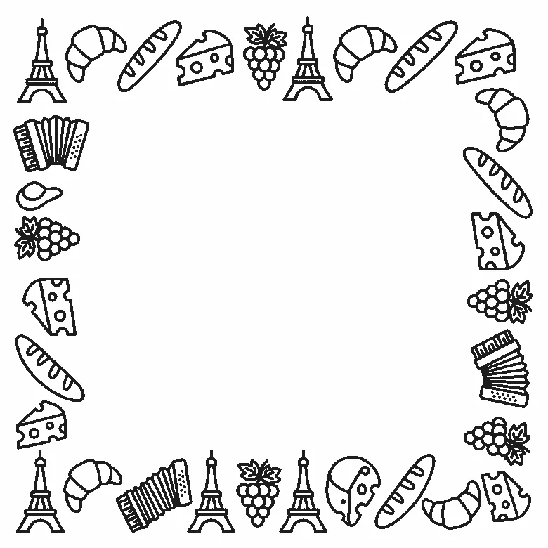 Deckblatt-Rahmen aus Eiffelturm, Croissants, Baguettes, Käsestücken, Weintrauben und Akkordeons, schwarze Umrisslinien auf Weiß