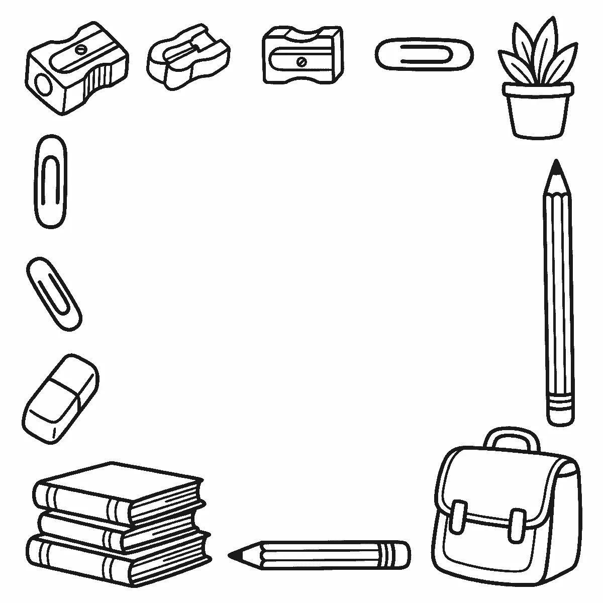 Deckblatt-Rahmen aus Anspitzern, Büroklammern, Radiergummi, Bücherstapel, Bleistiften, Schulranzen und einer Topfpflanze, schwarze Umrisslinien auf Weiß