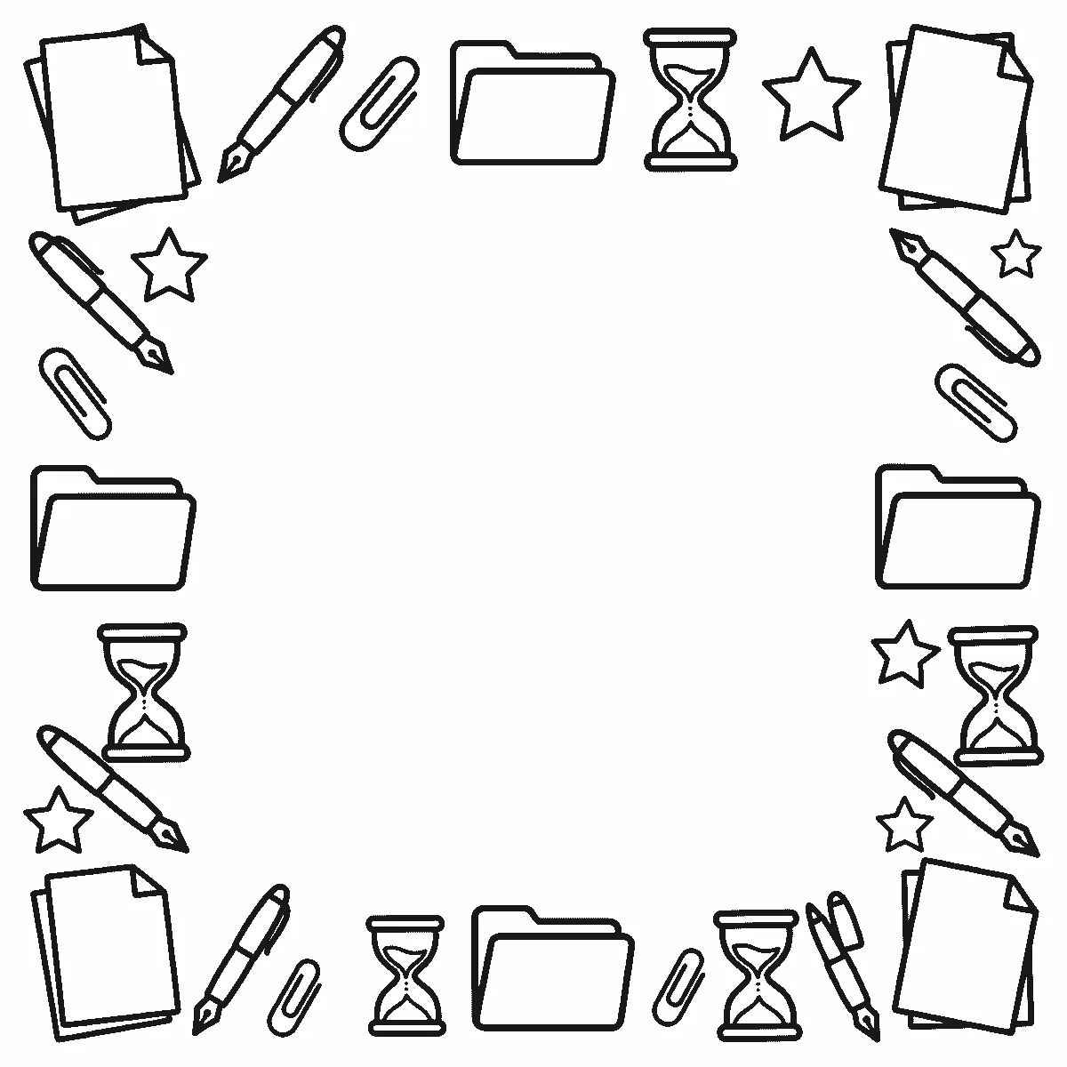 Deckblatt-Rahmen aus leeren Papierstapeln, Füllern, Büroklammern, Hängemappen, Sanduhren und Sternen, schwarze Umrisslinien auf Weiß
