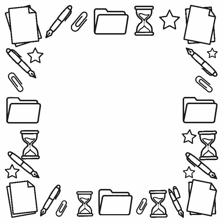 Deckblatt-Rahmen aus leeren Papierstapeln, Füllern, Büroklammern, Hängemappen, Sanduhren und Sternen, schwarze Umrisslinien auf Weiß