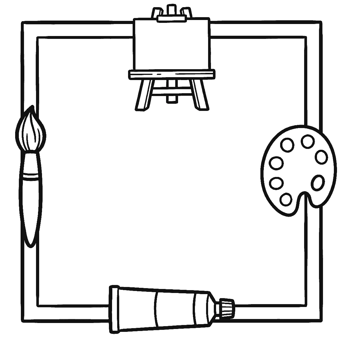 Deckblatt-Rahmen aus Pinsel, Palette, Bleistift, Staffelei und Farbtube, schwarze Umrisslinien auf Weiß