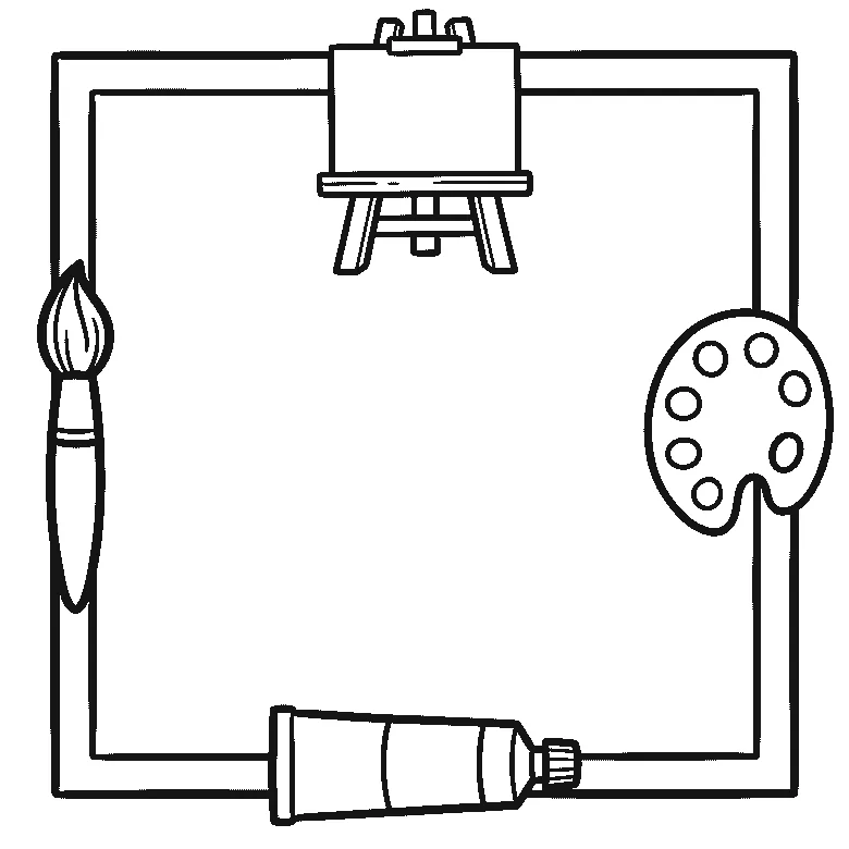 Deckblatt-Rahmen aus Pinsel, Palette, Bleistift, Staffelei und Farbtube, schwarze Umrisslinien auf Weiß